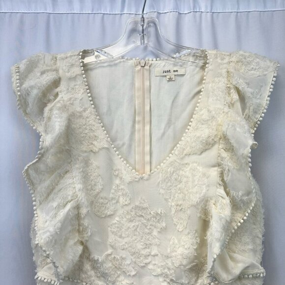 Just Me Women A Line Dress Cream Textured Lined Mini V Neck Cap Flutter Sleeve M - Picture 8 of 12
